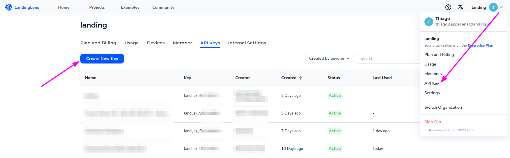 LandingLens API key creation